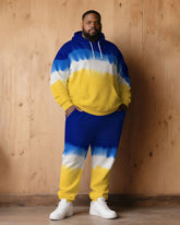 Large Size Men's Autumn And Winter Warm Cold-proof Blue & Yellow Neon Gradient Contrast Hoodie Sweatpants Set